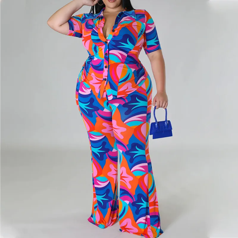 Fashion Color Blocking Graphic Printed Short-Sleeved Blouse Pants Two-Piece Set