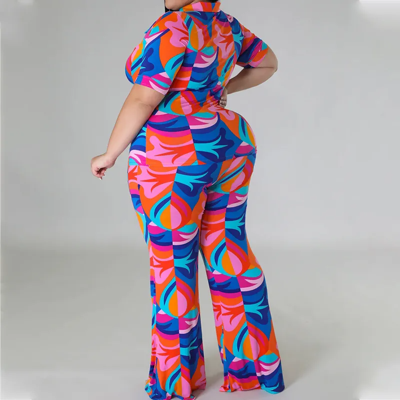 Fashion Color Blocking Graphic Printed Short-Sleeved Blouse Pants Two-Piece Set