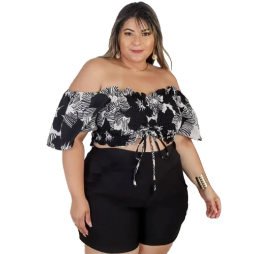 Casual Creased Floral Printed Lace-Up Tube Crop Top Defined Waist Shorts