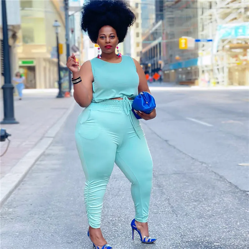 Solid Color Tank Top And Pants Two Pieces Set