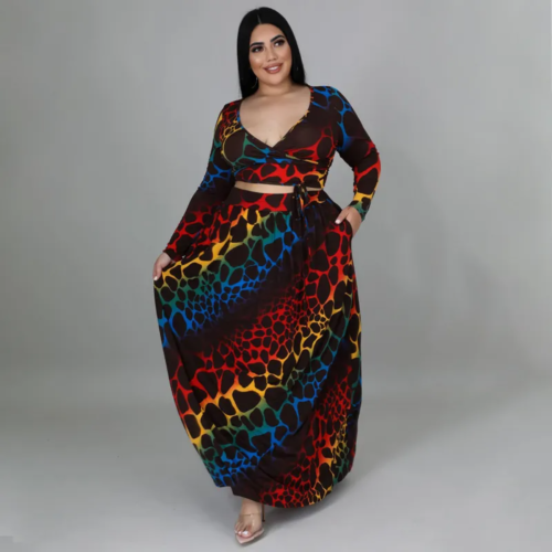 Casual Printed Lace-Up V-Neck Long Sleeve Crop Top Loose Long Skirts 2pcs Set