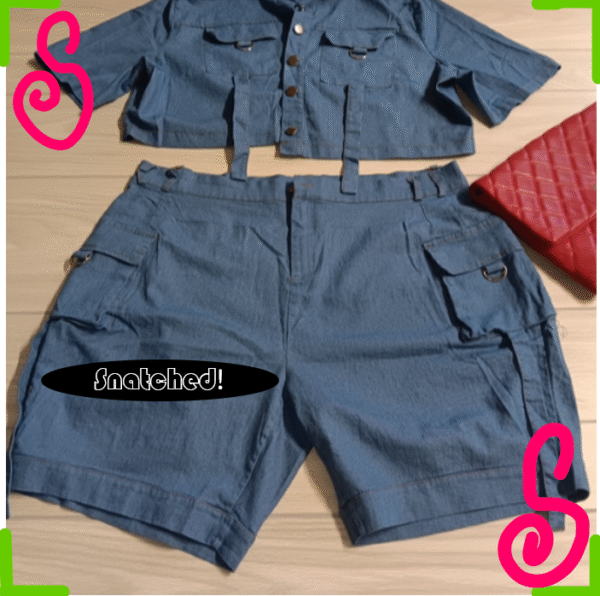 Casual Pocket Stretch Denim Plus Size Short Sleeve Crop Top Shorts Two-Piece
